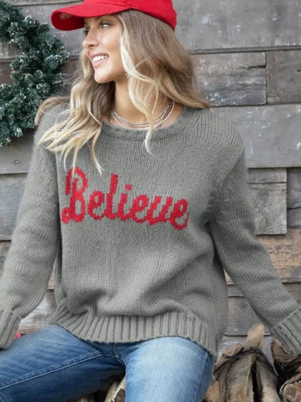 WOODEN SHIPS Women's M/L "Believe" Grey/Red Crewneck Holiday Sweater